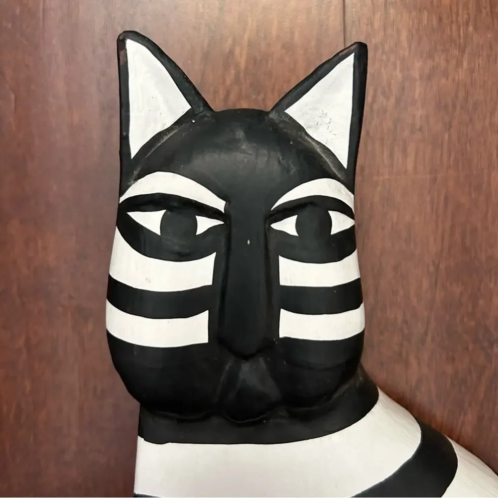 Laurel Burch Style Vintage Pair of Striped Black and White Cat Wooden Figurines